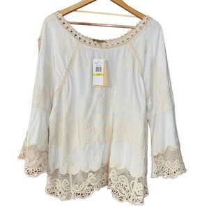 Democracy Tunic Blouse Top Size Medium Beige Embroidered Lace Bell Sleeve New